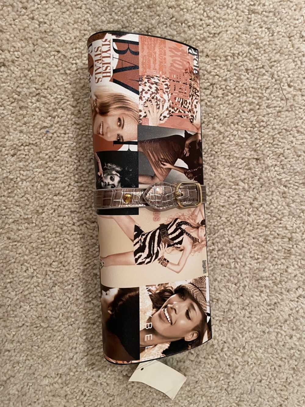 Women's Photo-Collage Print Clutch Handbag - Brown Tan.
